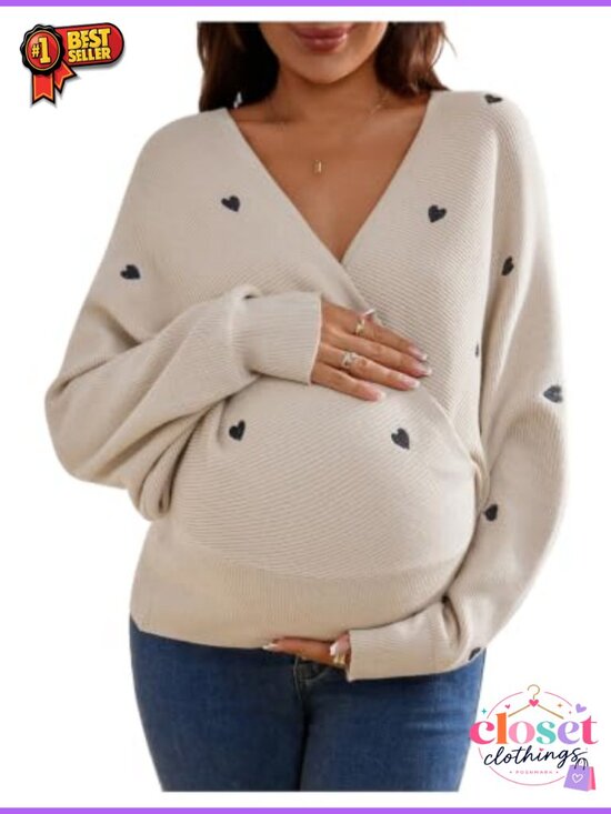 Sweaters - Maternity Wrap Sweater Heart Embroidered Dolman Sleeve Knit Pullover Pregnancy